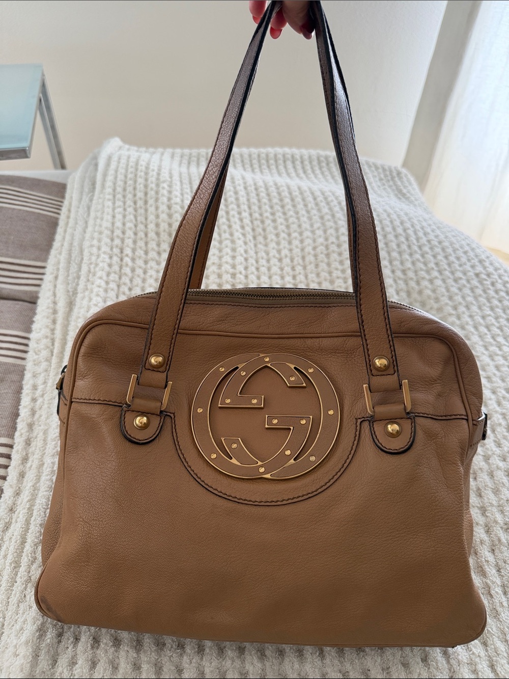 Gucci Tan Leather Double-Handle Shoulder Bag with Gold Logo
